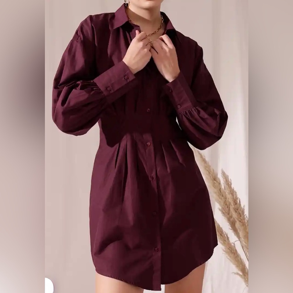 Burgundy Button-Up Dress.,New